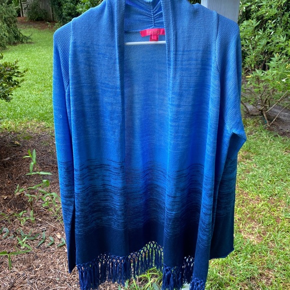 Lilly Pulitzer Blue thistle Tatum Ombré fringe Cardigan Sweater size Large - Picture 2 of 11